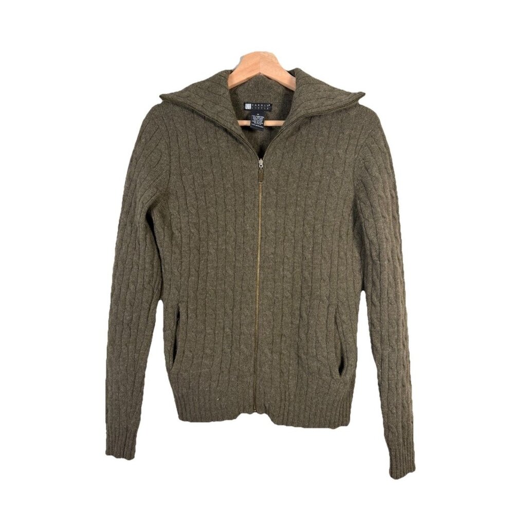 Carole Little Womens Full Zip Cardigan Size M Lambs‎ Wool Cable Knit Cabin Core